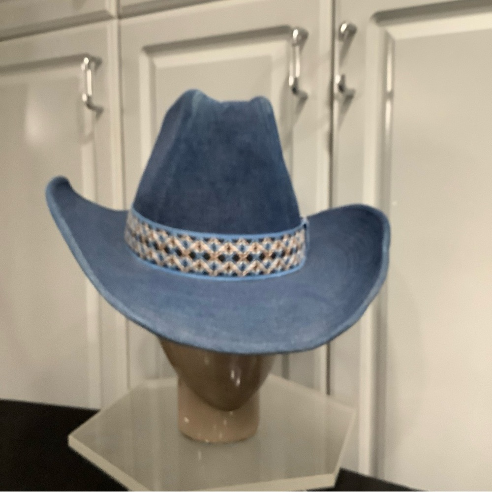 Vintage 70’s YA Youngan Blue Jean Denim Cowboy Western Hat Chevron Band - Picture 8 of 16